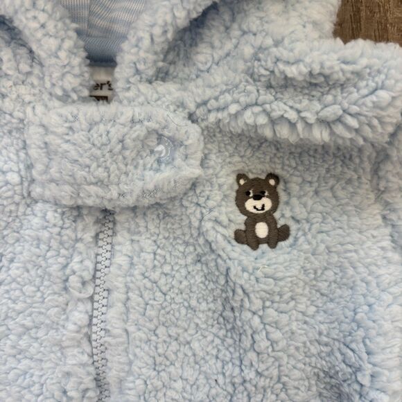 Carter's Baby Boy Bear Pram 3 Month Blue Fuzzy Hooded Comfy Fleece Outdoor Warm - Picture 3 of 11